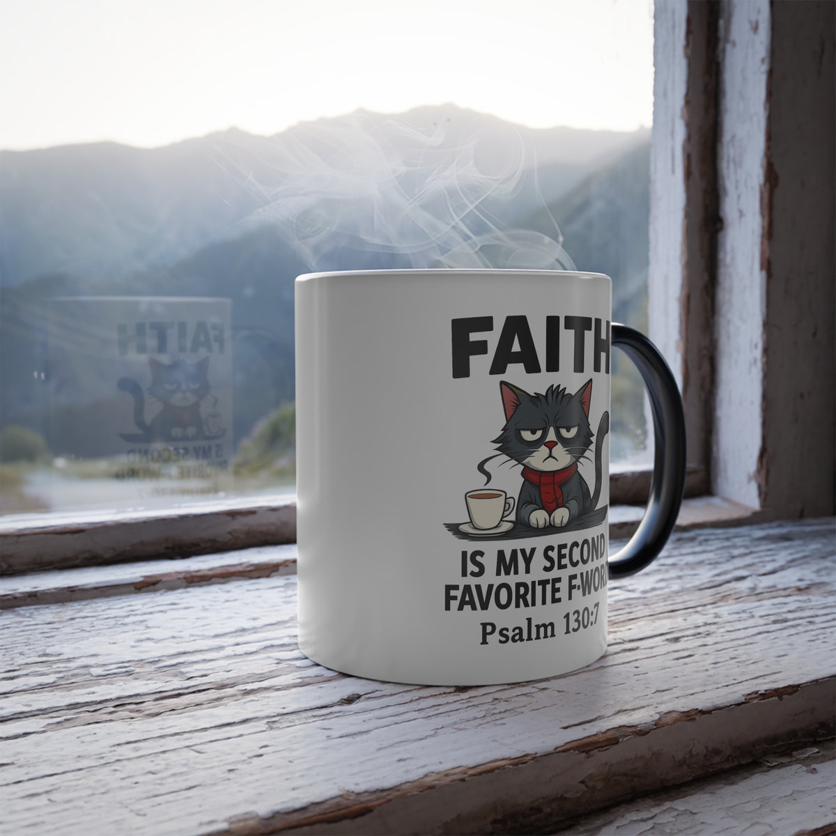 Funny Faith Color Morphing Mug, Unique Gift for Cat Lovers, Fun Coffee Cup, Color Changing Mug, Perfect for Birthdays, Cozy Home Decor - ClaimedbyGodDesigns