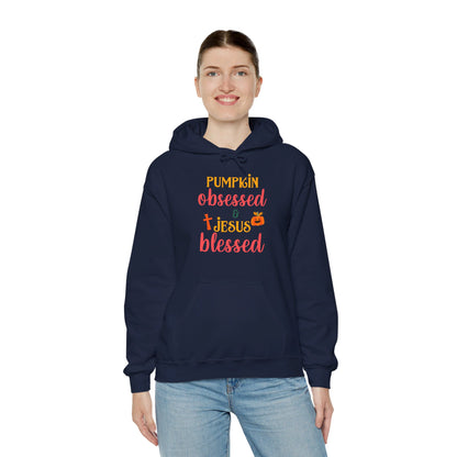 Pumpkin Obsessed And Blessed by Him Halloween Unisex Christian Pullover Hooded Sweatshirt
