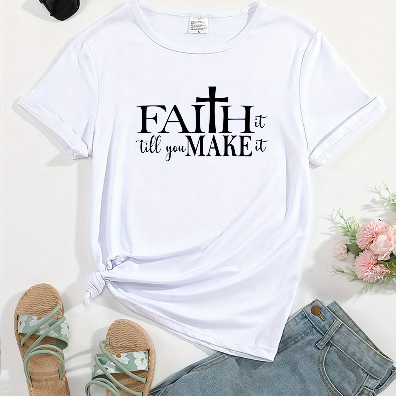 Faith Letter & Cross Graphic Crew Neck Sports Tee, Workout Short Sleeves Running Tops, Women's Activewear claimedbygoddesigns