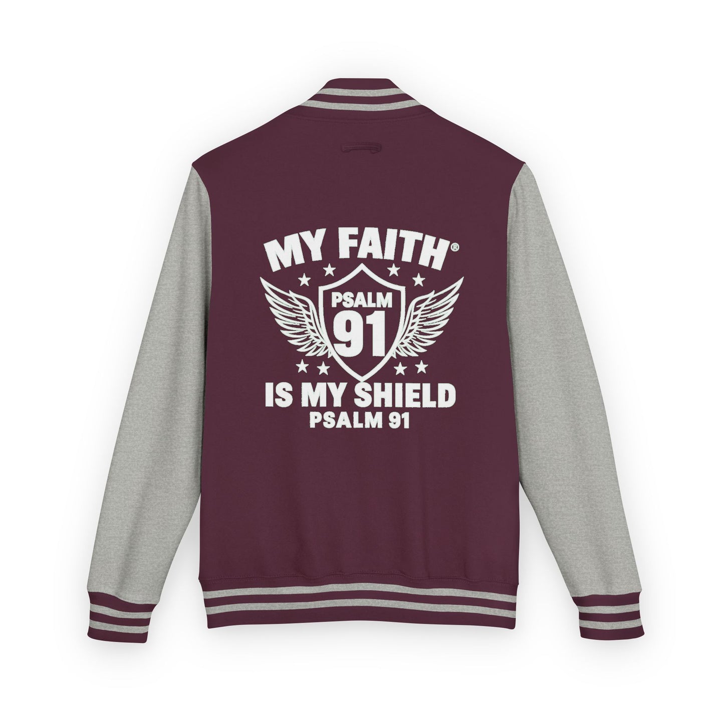 Letterman Jacket — “My Faith Is My Shield” 91 Vintage Varsity Jacket - ClaimedbyGodDesigns