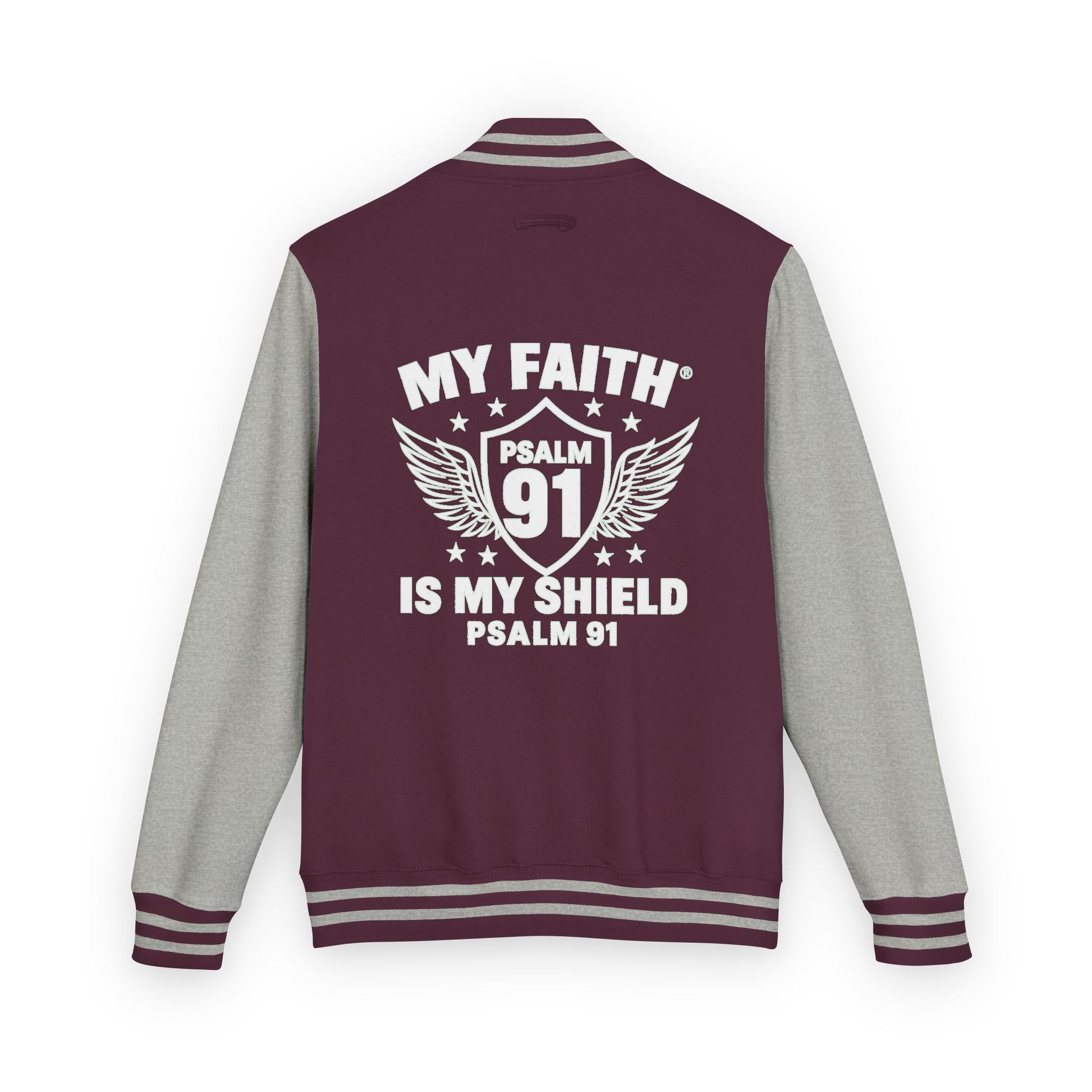 Letterman Jacket — “My Faith Is My Shield” 91 Vintage Varsity Jacket - ClaimedbyGodDesigns