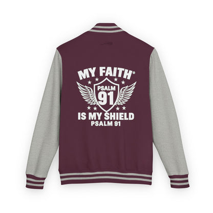 Letterman Jacket — “My Faith Is My Shield” 91 Vintage Varsity Jacket - ClaimedbyGodDesigns