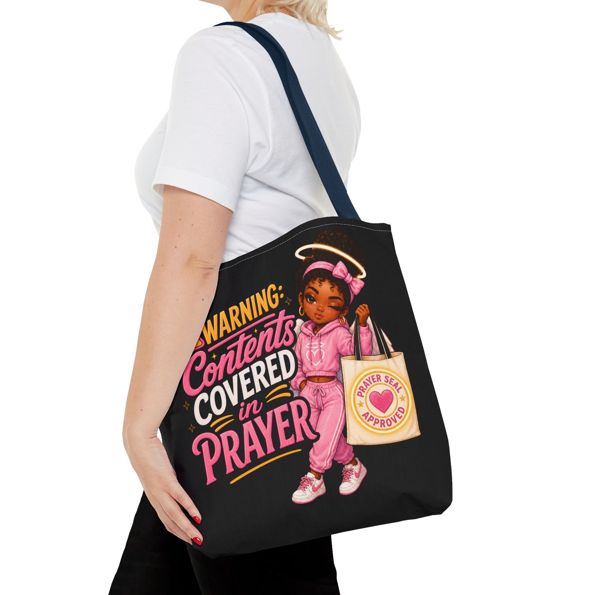 Tote Bag — "Warning: Contents Covered in Prayer" Pink Faith Tote - ClaimedbyGodDesigns