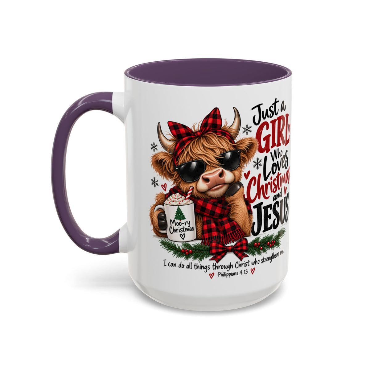 Just a Girl Who Loves Christmas and Jesus Highland Cow Coffee Mug
