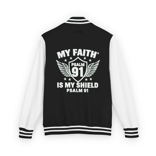 Letterman Jacket — “My Faith Is My Shield” 91 Vintage Varsity Jacket - ClaimedbyGodDesigns