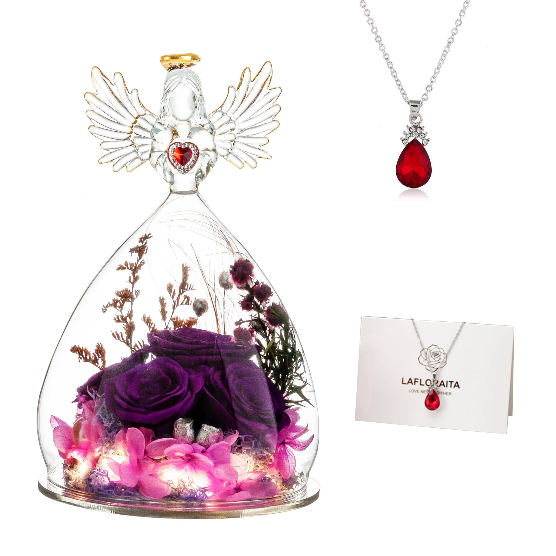 4 Preserved Roses in Glass Angel Figurine With LED Light & Red Necklace Christian Mother's Day Gift claimedbygoddesigns
