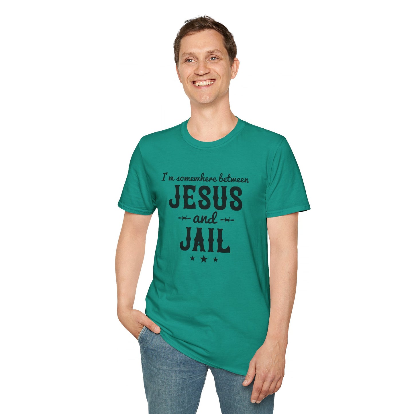 I'm Somewhere Between Jesus And Jail Funny Unisex Christian T-shirt