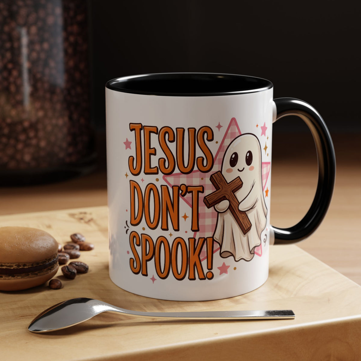 Accent Coffee Mug — "Jesus Don't Spook!" Cute Ghost Christian Coffee Mug (11/15oz)