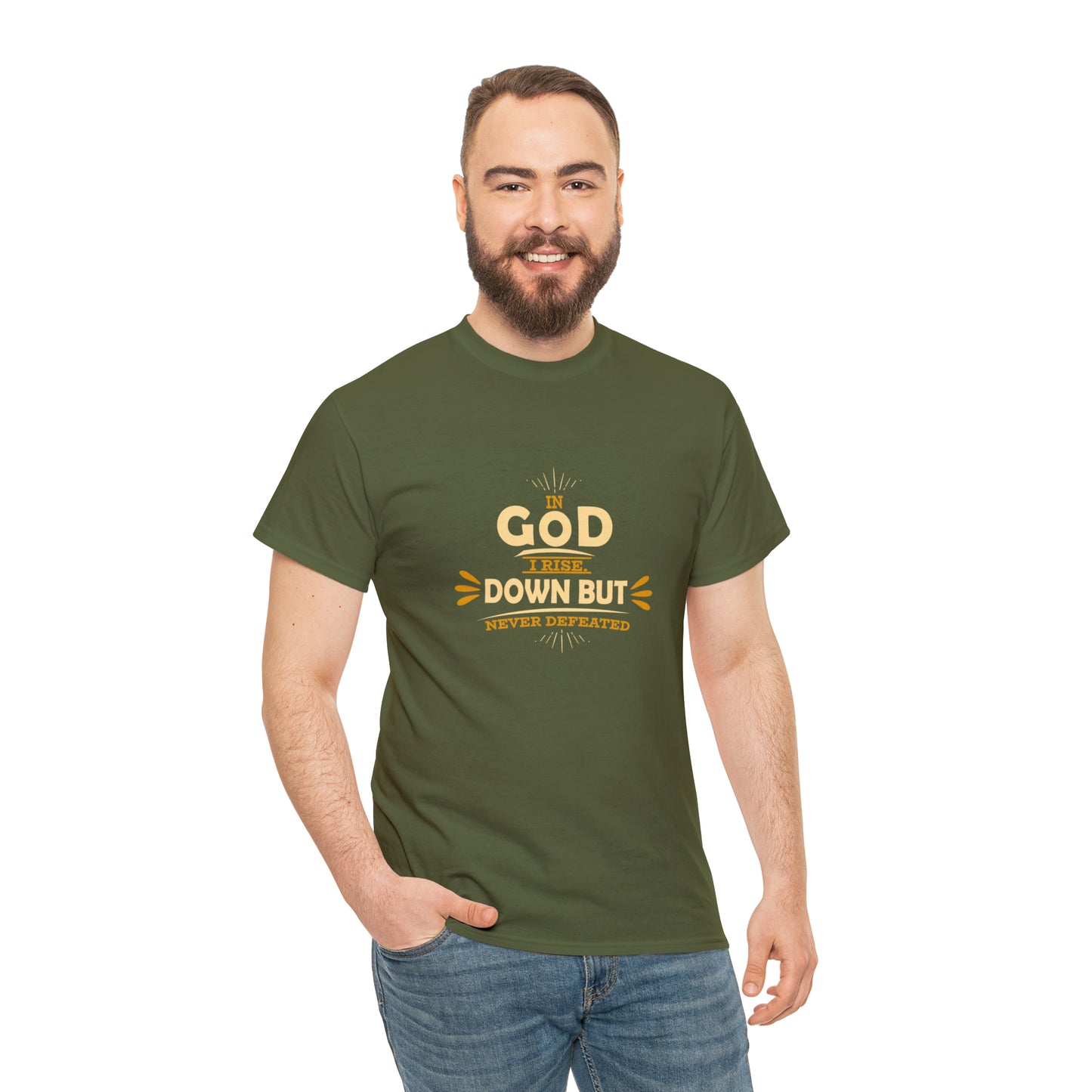 In God I Rise Down But Never Defeated  Unisex Heavy Cotton Tee