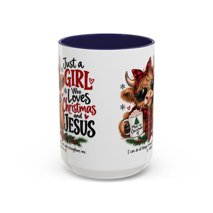 Just a Girl Who Loves Christmas and Jesus Highland Cow Coffee Mug