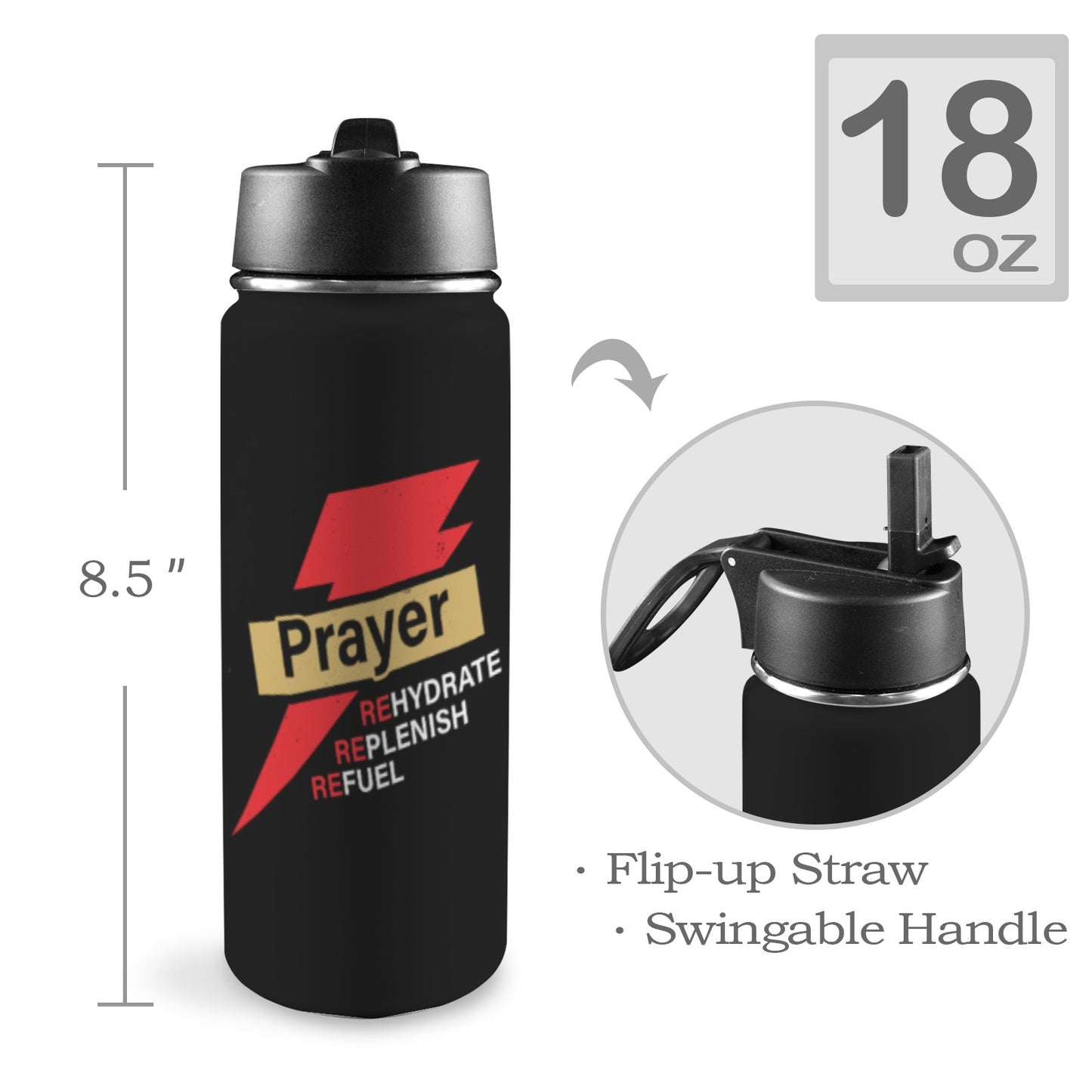 Prayer Replenish Rehydrate Refuel Insulated Christian Water Bottle with Straw Lid (18oz) - ClaimedbyGodDesigns
