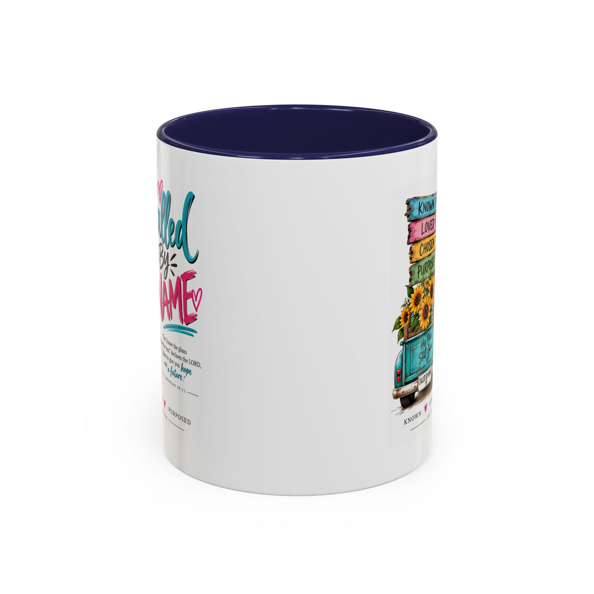 Called By Name Christian accent mug with vintage truck and sunflowers