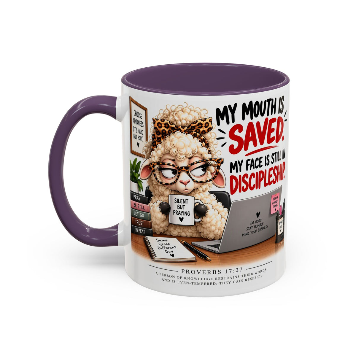 Saved & Sassy Sheep Coffee Mug — "My Mouth Is Saved, My Face Is Still In Discipleship" Accent Mug