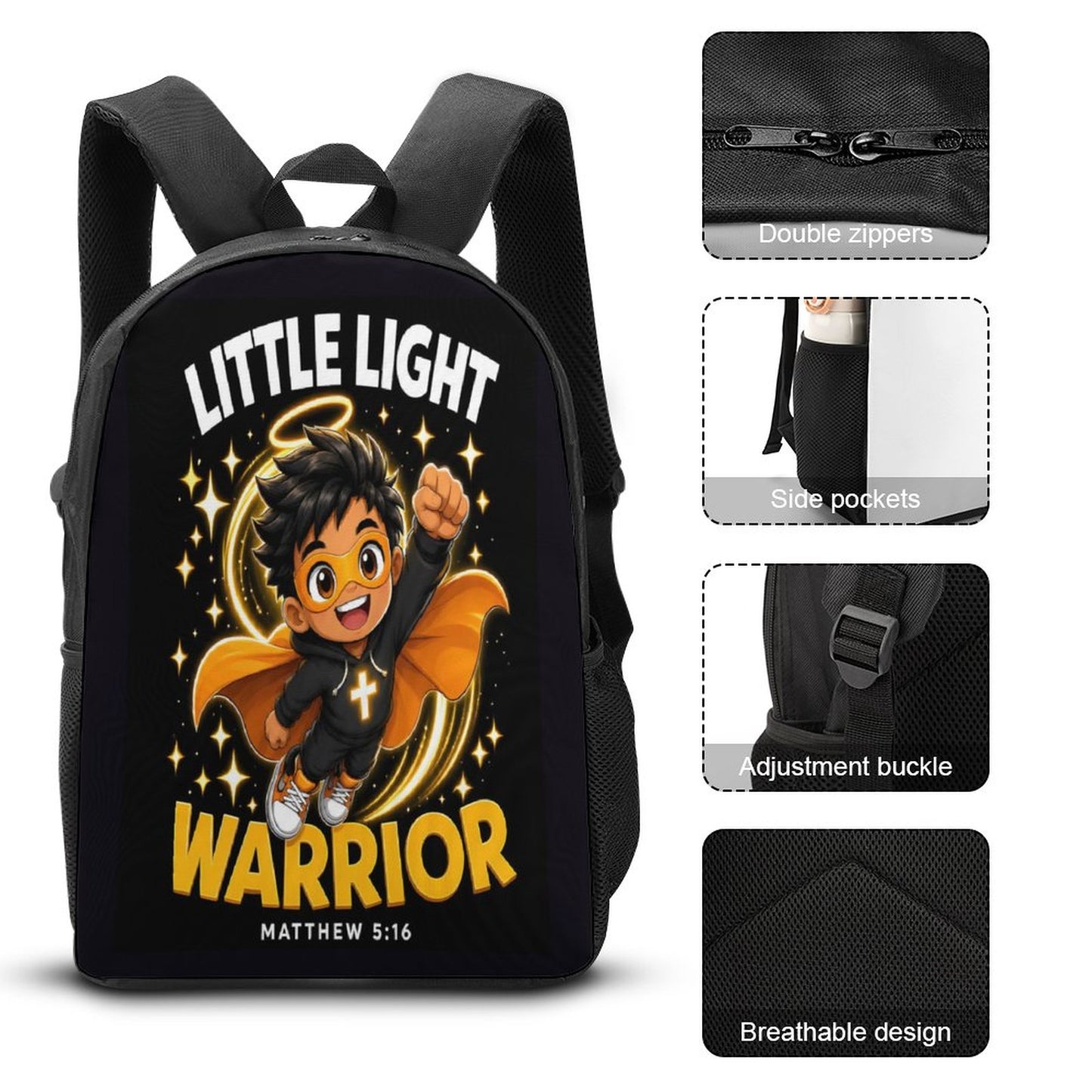 Little Light Warrior Boy Christian 3 PCS Bag Set (Backpack, Lunch Bag and Pencil Case)