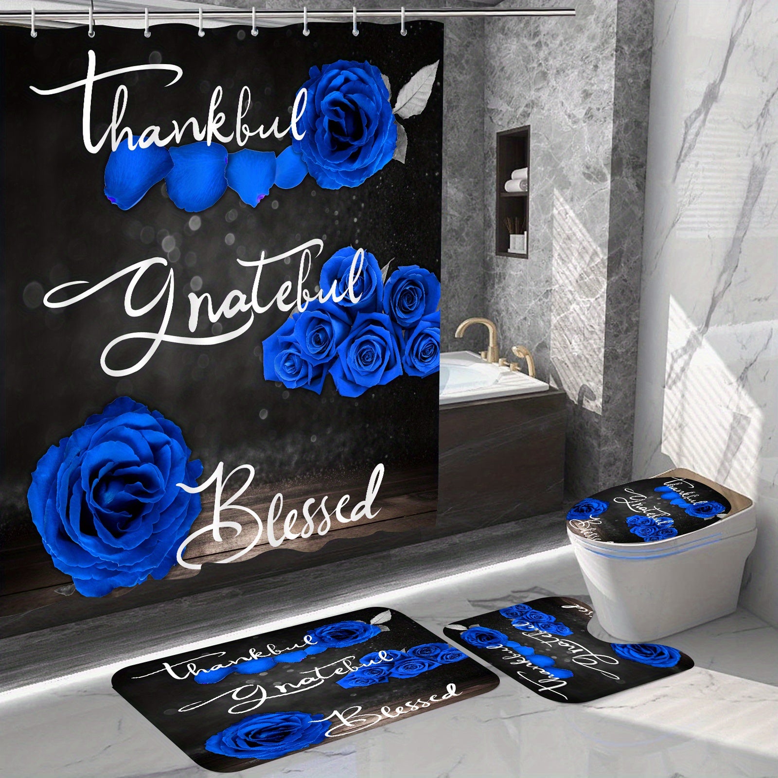 Thankful Grateful Blessed 4-Piece Blue Rose Christian Shower Curtain Set - Includes Non-Slip Toilet Seat Cover, Bath Mat & 12 Plastic Hooks claimedbygoddesigns