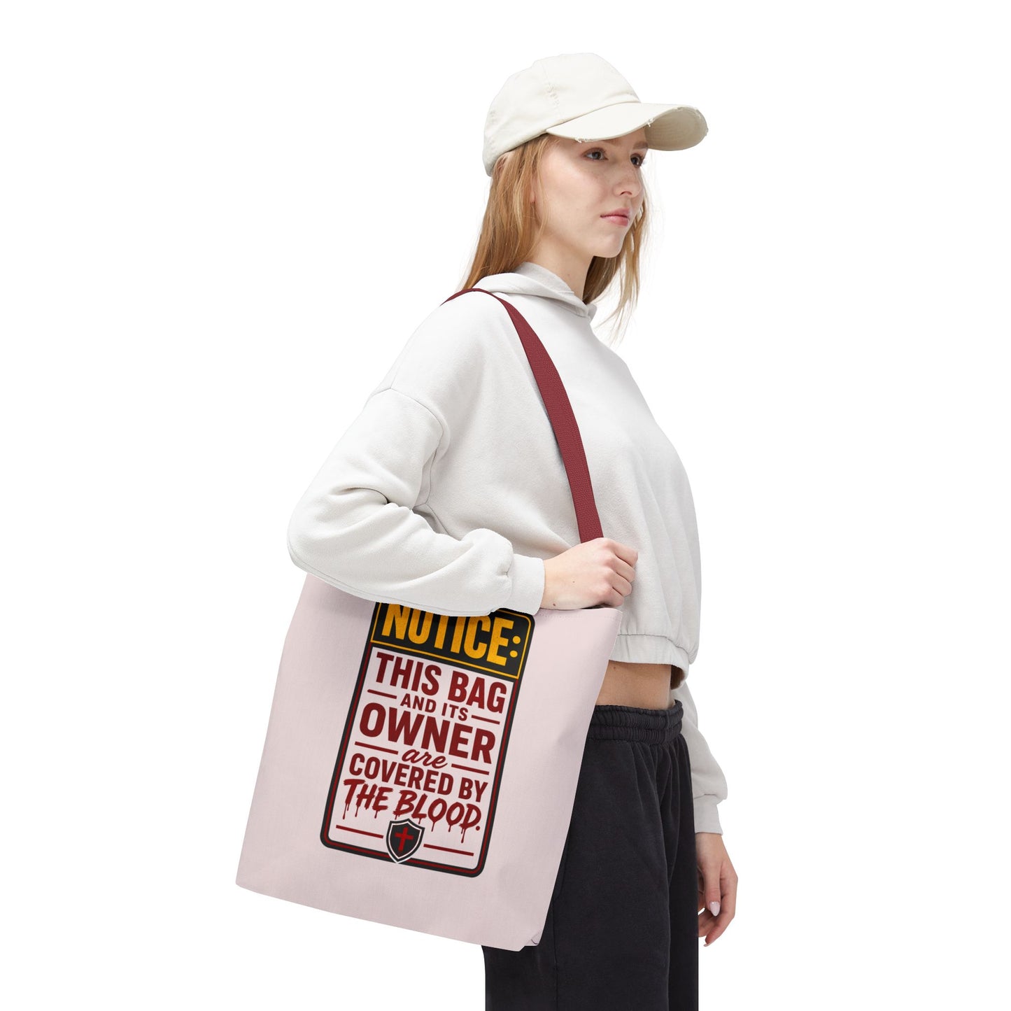Tote Bag — "NOTICE: This Bag and Its Owner Are Covered by the Blood" Christian Faith Tote - ClaimedbyGodDesigns