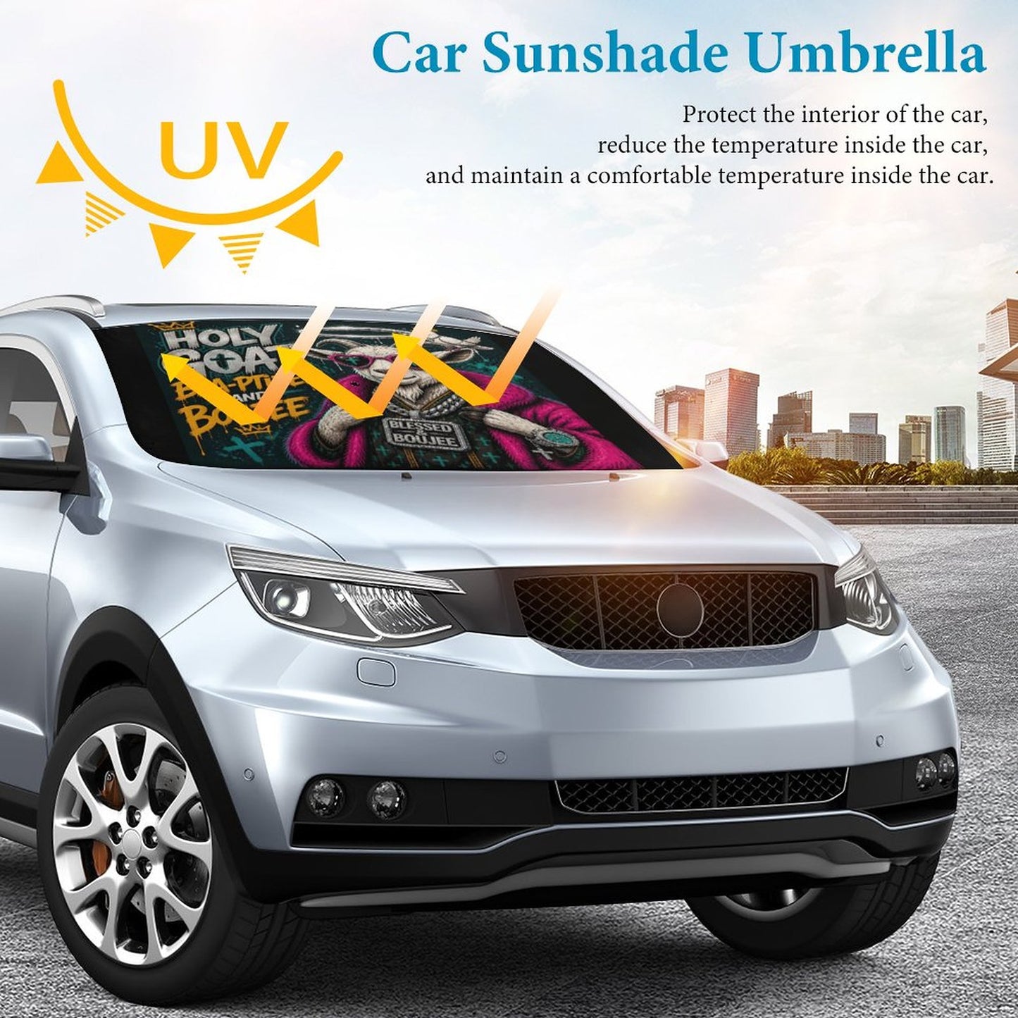 Holy Goat — Baa‑ptized & Boujee Christian Car Sunshade Umbrella - ClaimedbyGodDesigns