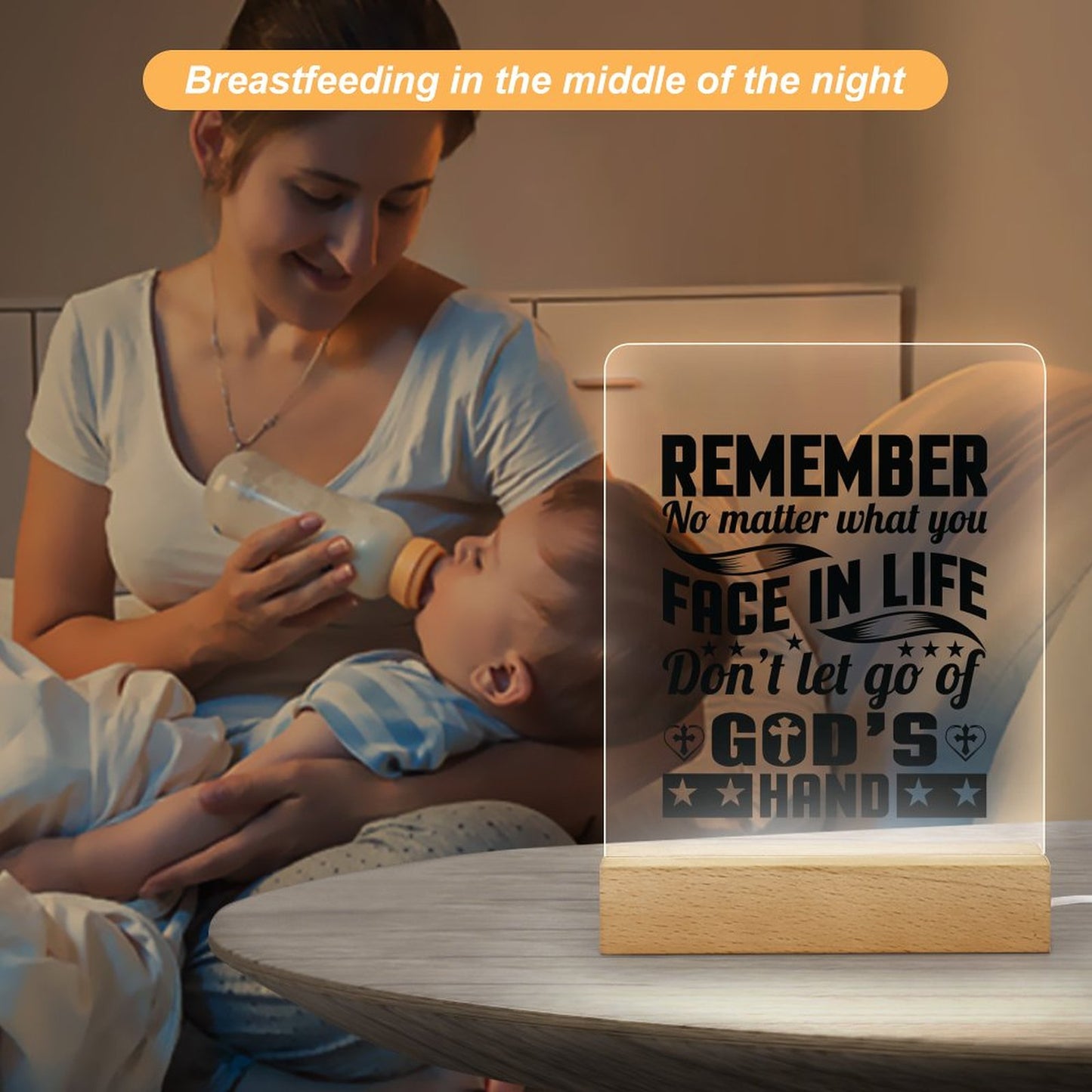 Remember No Matter What You Face In Life Don't Let Go Of God's Hand Christian Acrylic Night Light with Wooden Base Christian Gift Idea