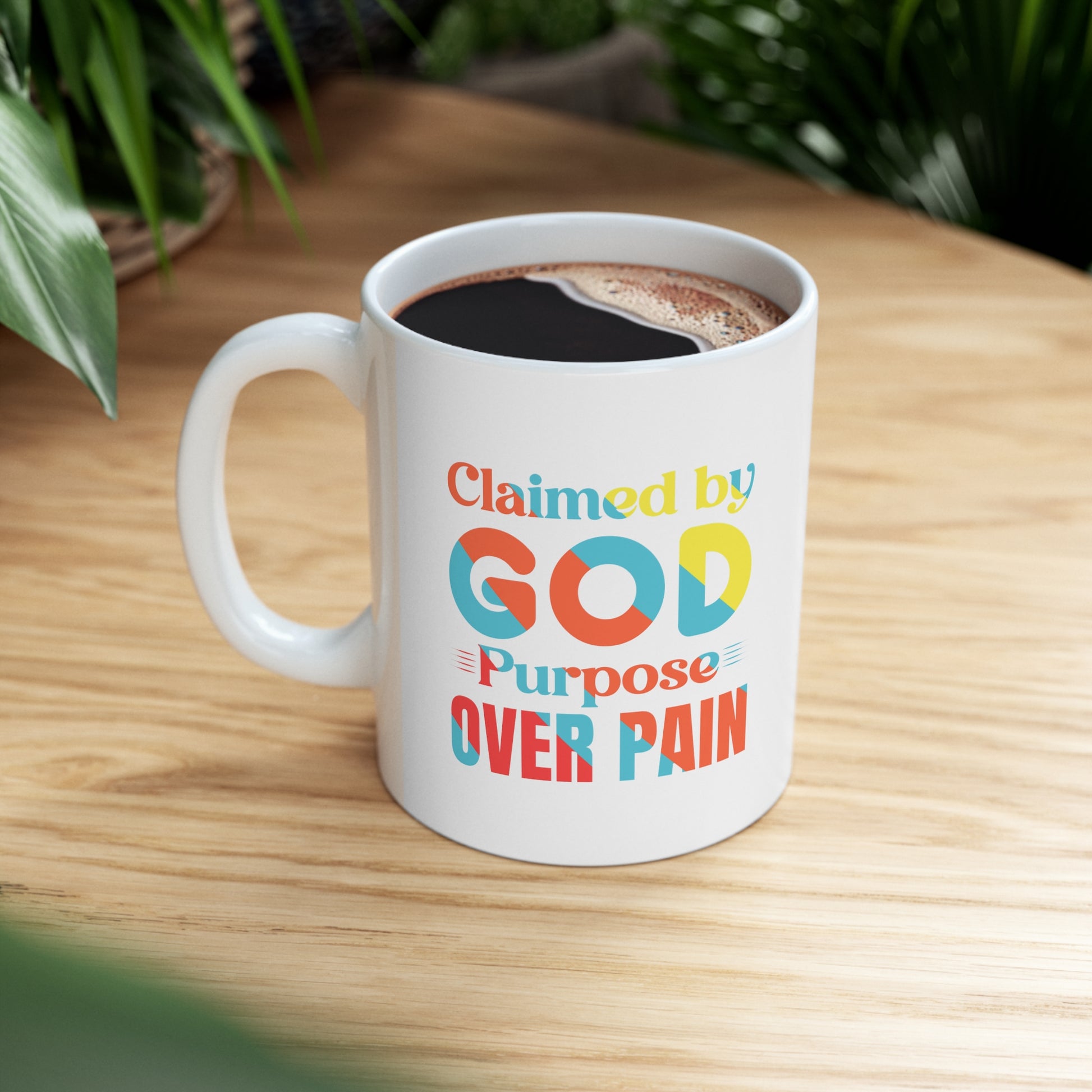 Claimed By God Purpose Over Pain White Ceramic Mug 11oz (double sided printing) Printify