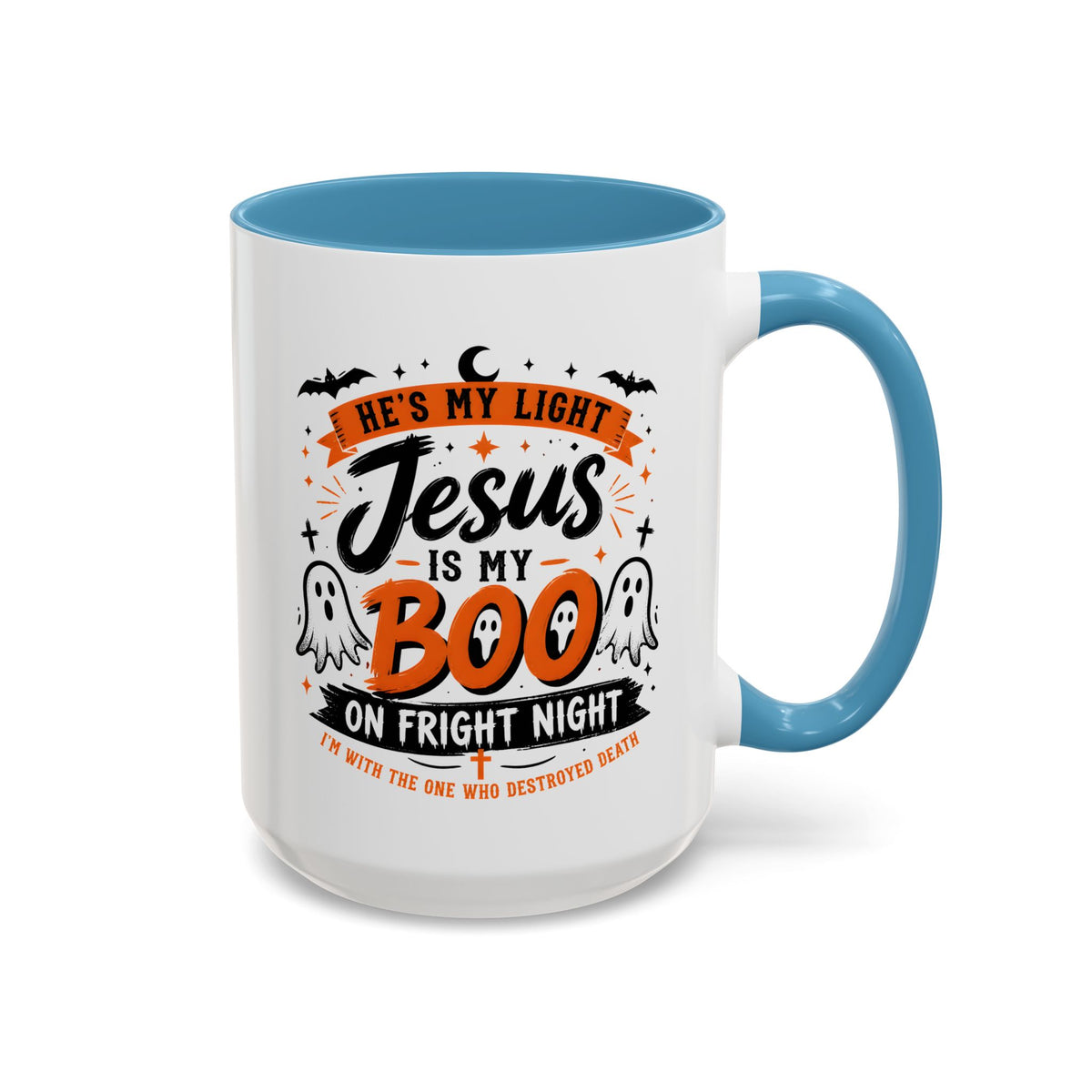Christian Coffee Mug — "He's My Light, Jesus Is My Boo" Halloween Accent Mug