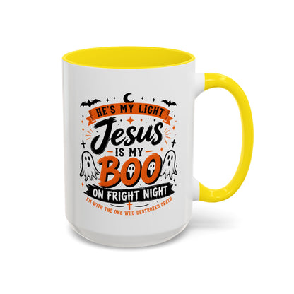 Christian Coffee Mug — "He's My Light, Jesus Is My Boo" Halloween Accent Mug