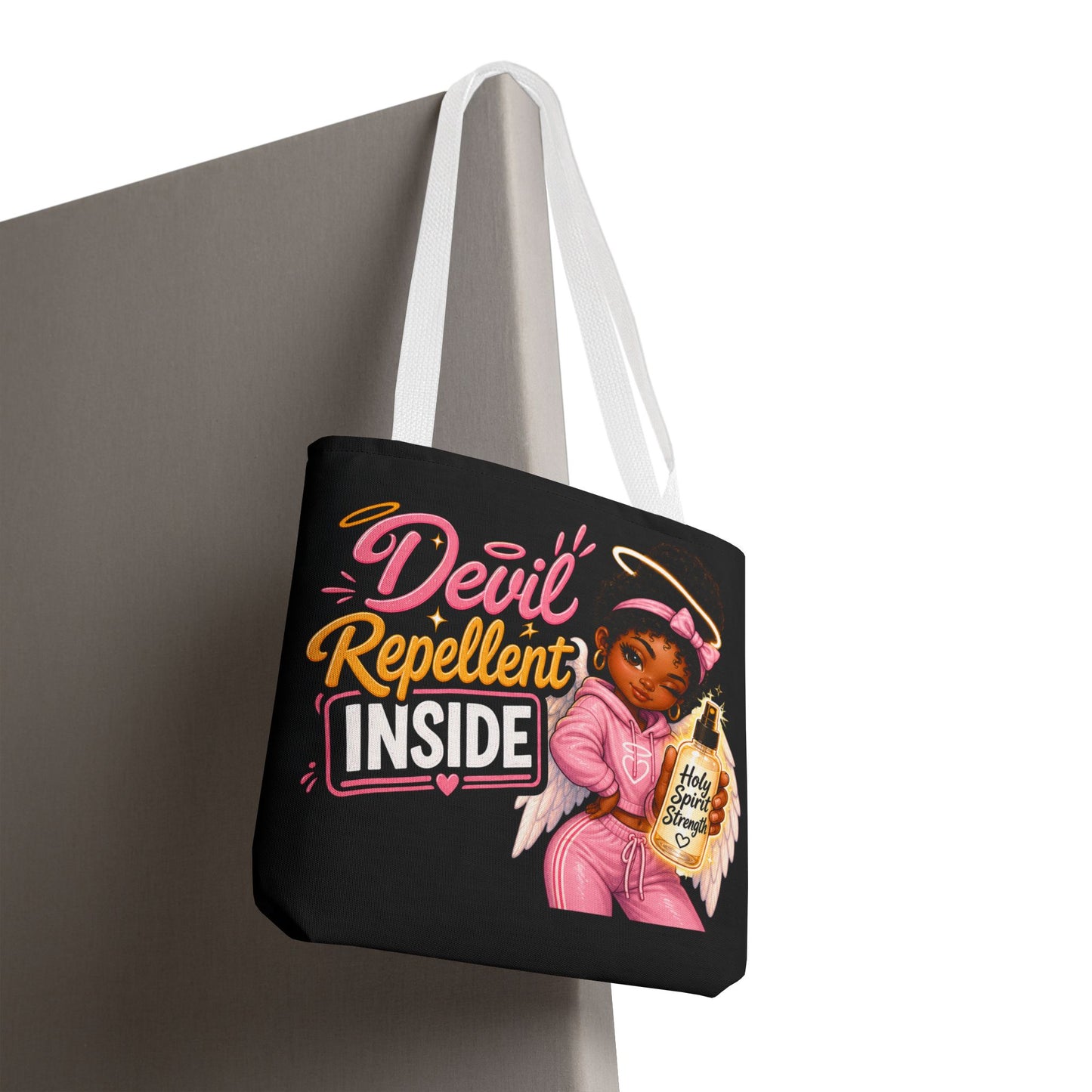 Tote Bag - "Devil Repellent Inside" Angel Girl Graphic Tote | Cute Protective Faith Gift - ClaimedbyGodDesigns