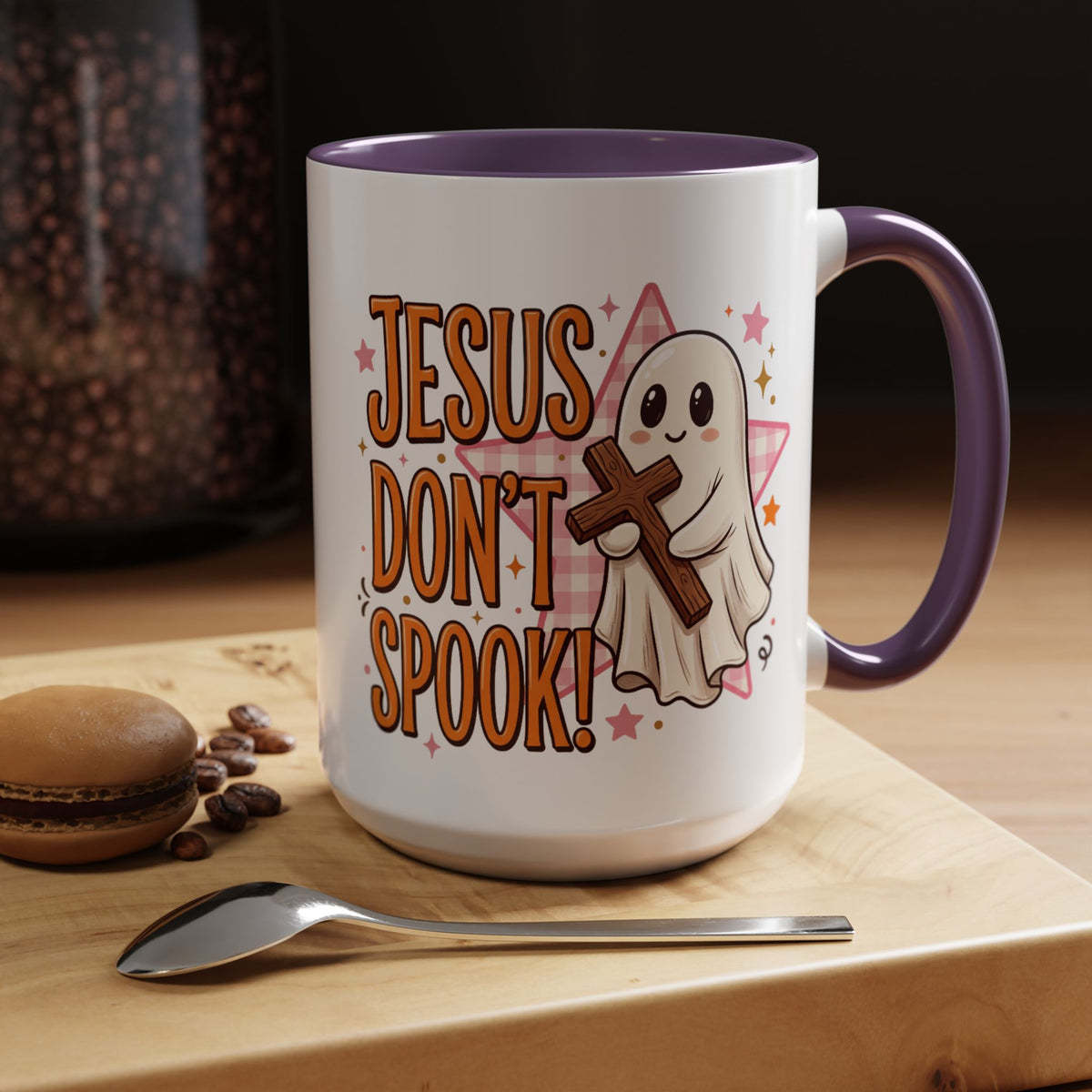 Accent Coffee Mug — "Jesus Don't Spook!" Cute Ghost Christian Coffee Mug (11/15oz)
