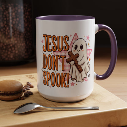 Accent Coffee Mug — "Jesus Don't Spook!" Cute Ghost Christian Coffee Mug (11/15oz)
