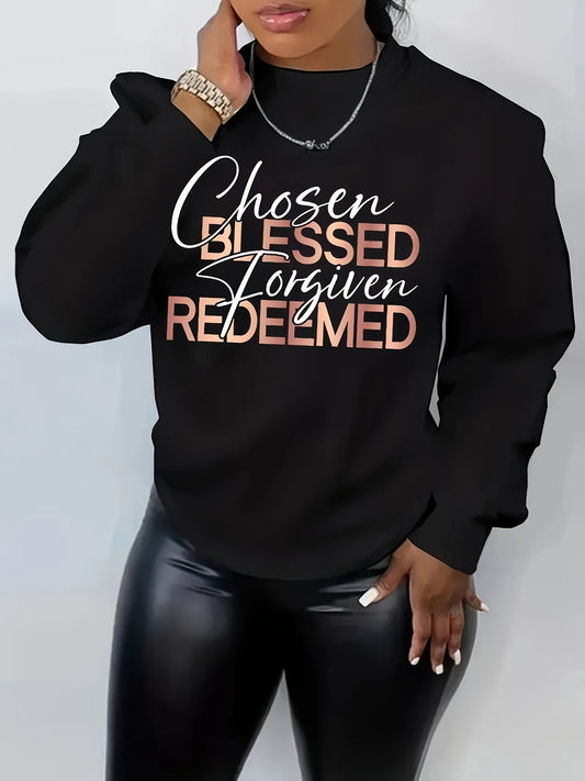 Chosen Blessed Forgiven Redeemed Women's Christian Pullover Sweatshirt claimedbygoddesigns