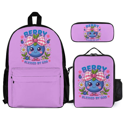 Berry Blessed Christian Backpack Set of 3 Bags (Shoulder Bag Lunch Bag & Pencil Pouch)