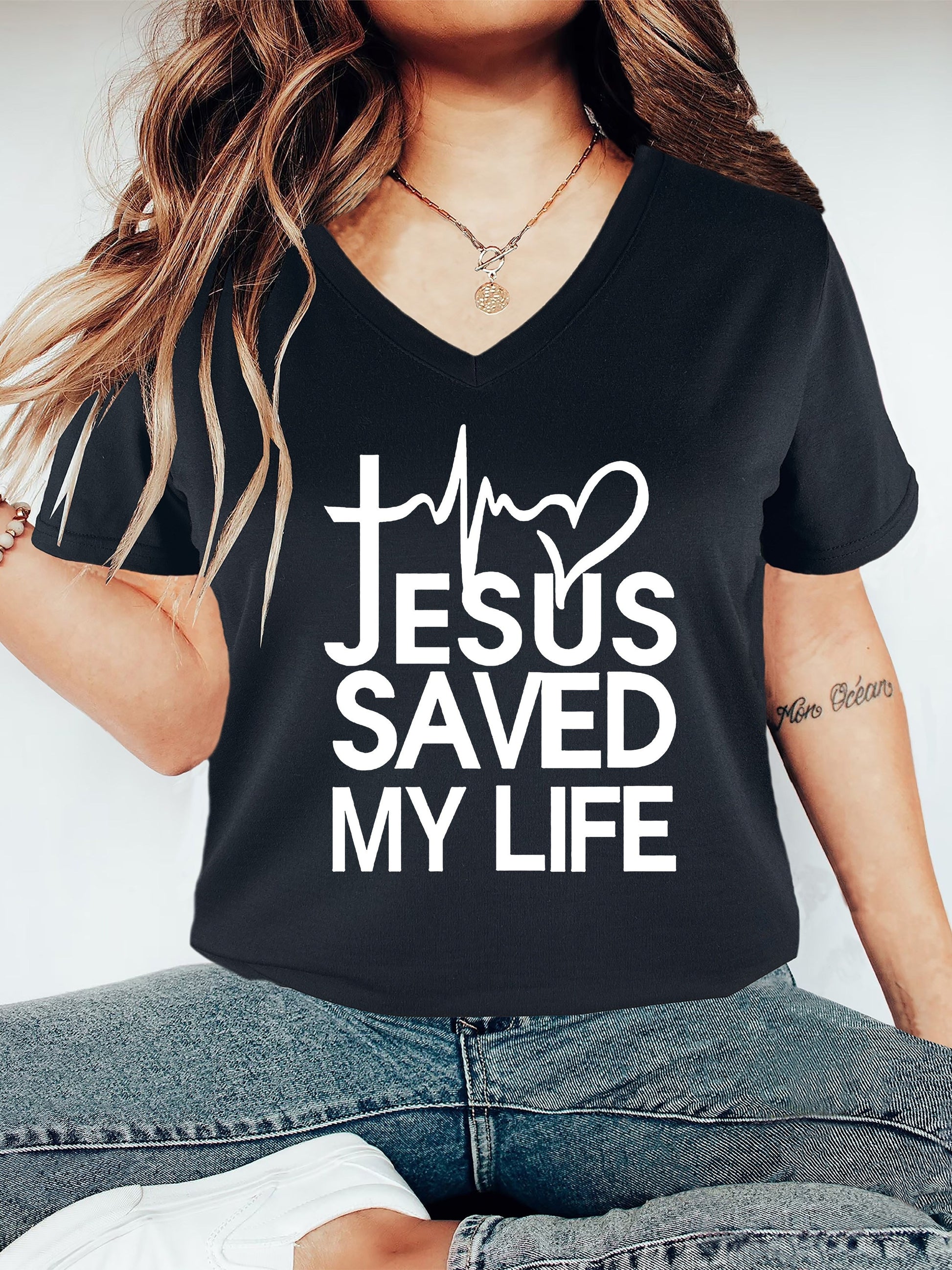 Jesus Saved My Life Women's Christian V Neck T-Shirt claimedbygoddesigns