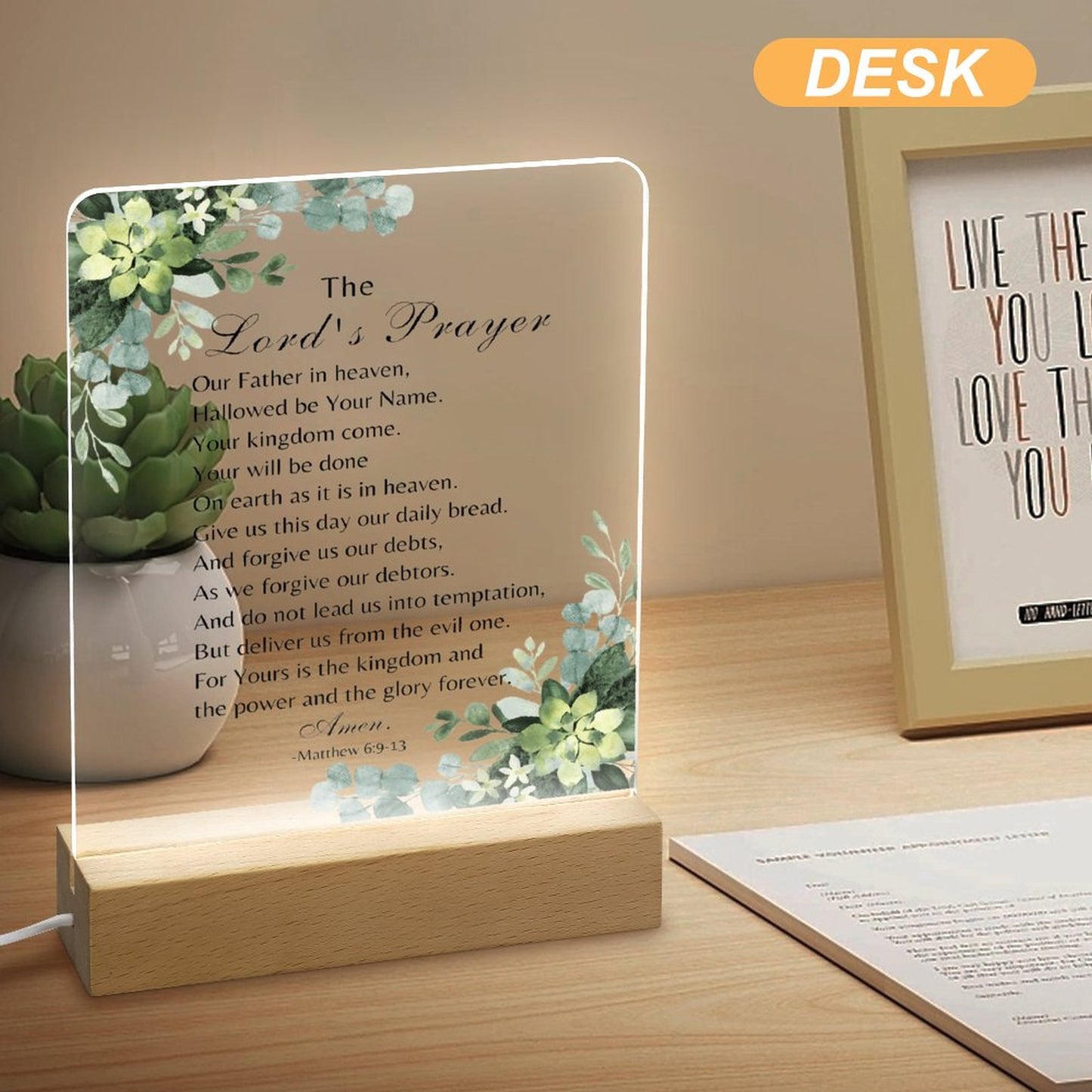 The Lord's Prayer Christian Acrylic Night Light with Wooden Base Christian Gift Idea