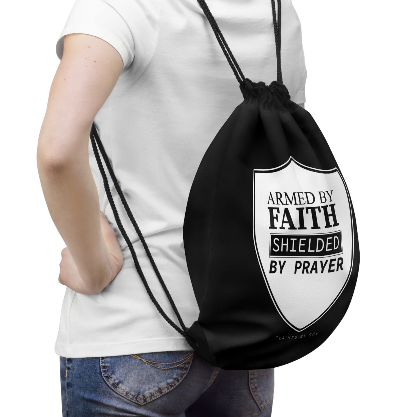 Armed By Faith Shielded By Prayer Drawstring Bag