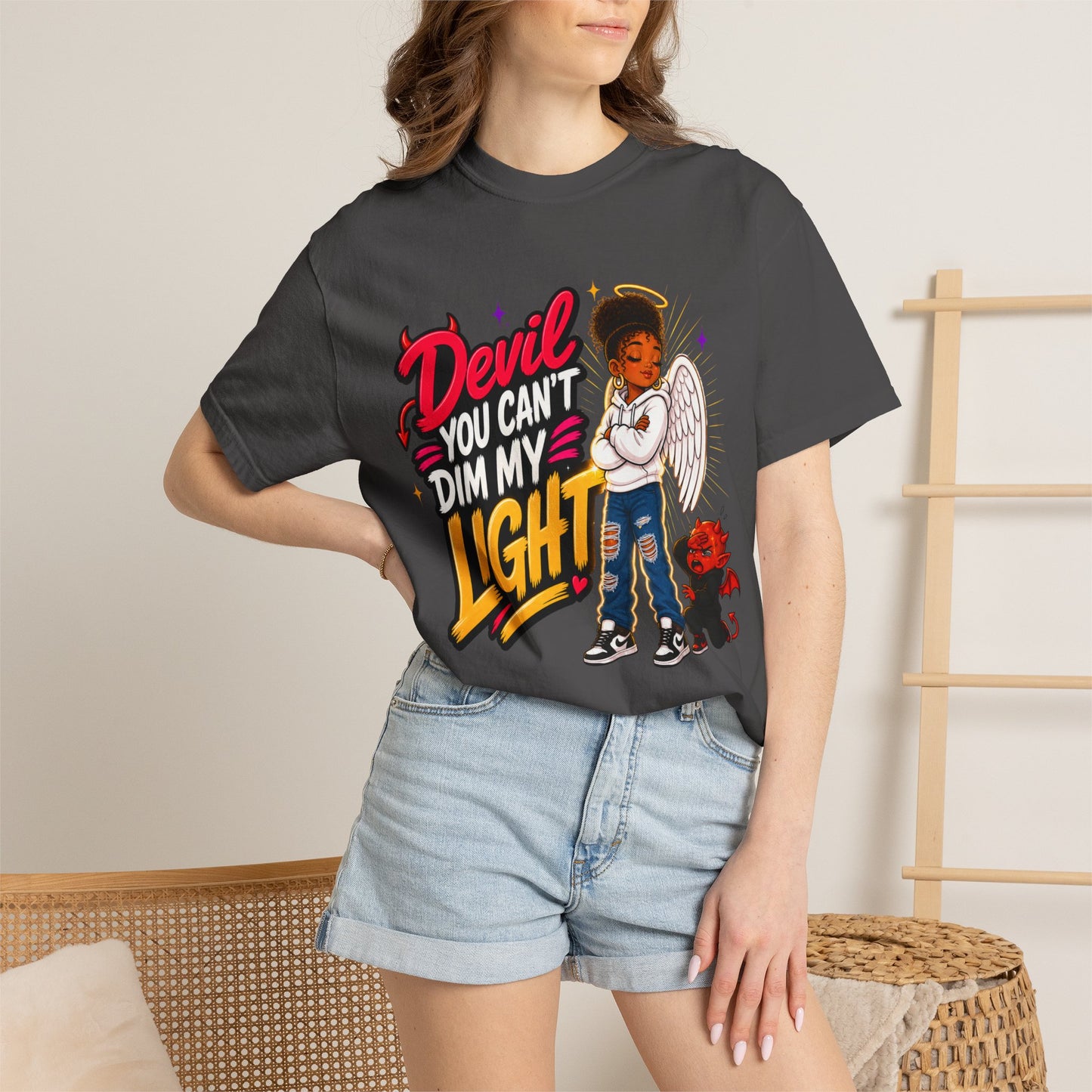 Devil You Can't Dim My Light T-Shirt — Afro Angel Graphic Tee