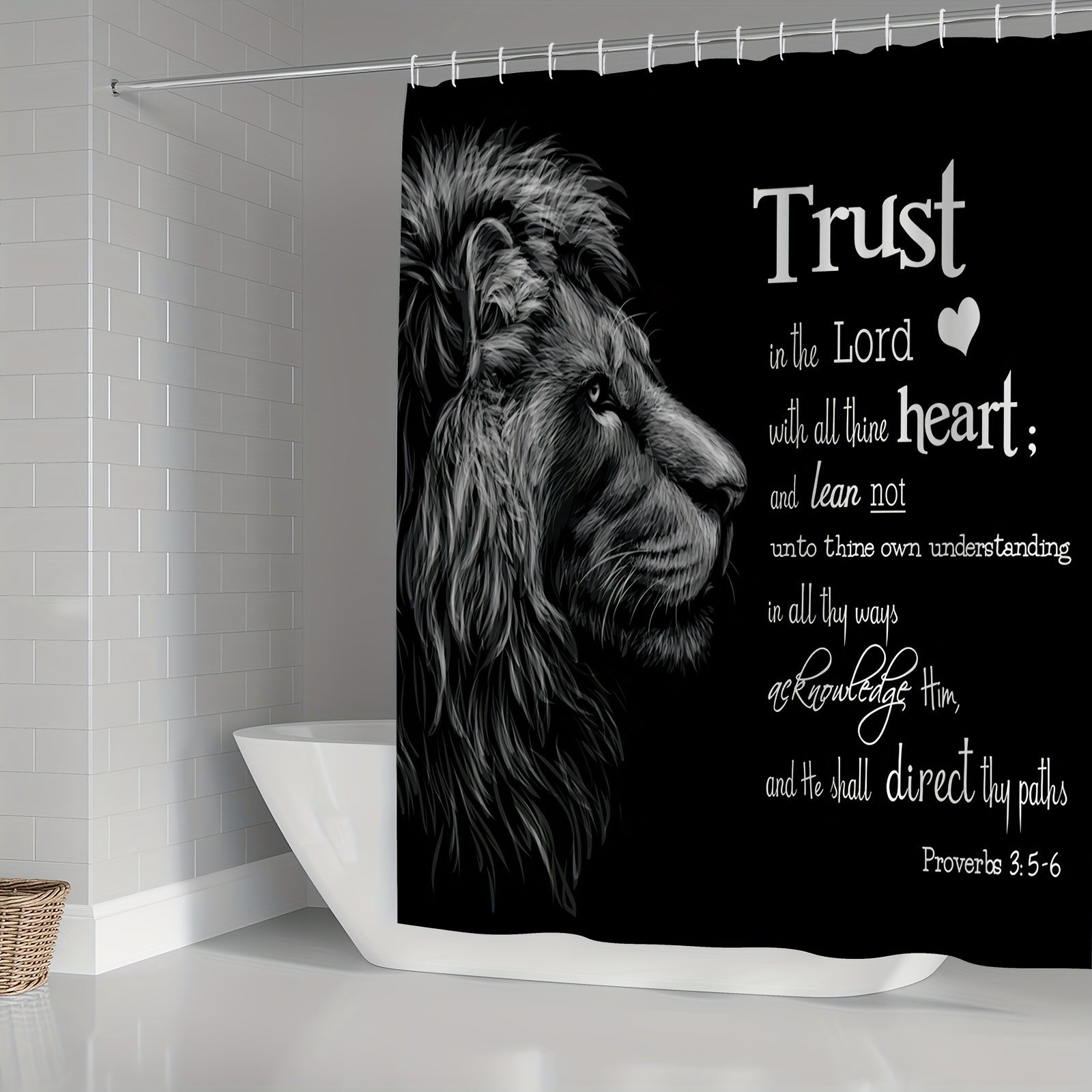 1Pc/3Pcs/4Pcs Trust In The Lord (lion) Lion Christian Shower Curtain Set, Polyester Shower Curtain, Non-slip Floor Mat, U-shaped Mat, Toilet Seat Mat, Bathroom Decor, 12 Hooks, 71x71 In claimedbygoddesigns