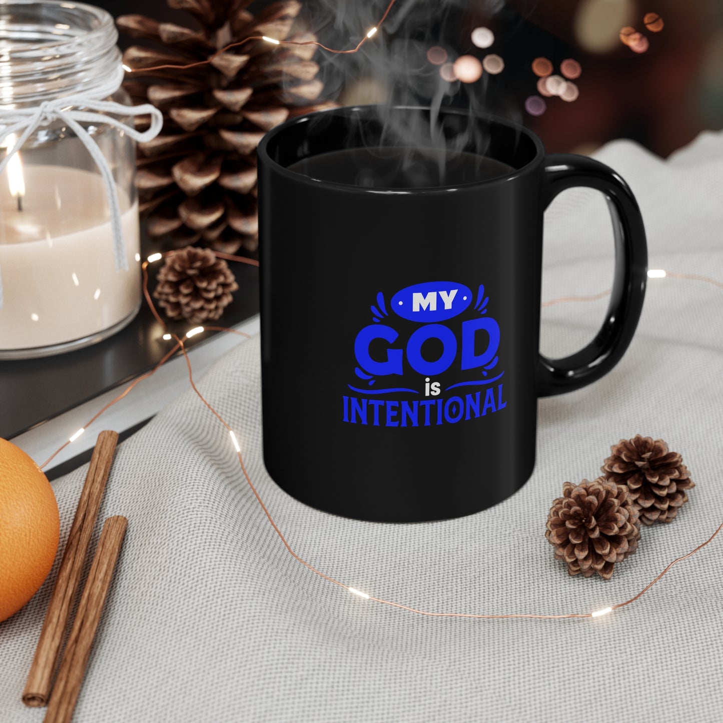My God Is Intentional Christian Black Ceramic Mug 11oz (double sided print)