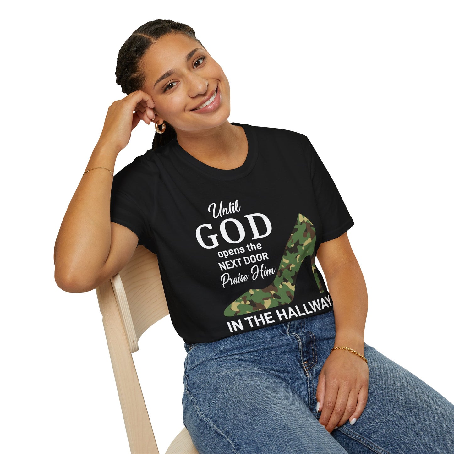 Until God Opens The Door Praise Him In The Hallway Women's Christian T-shirt