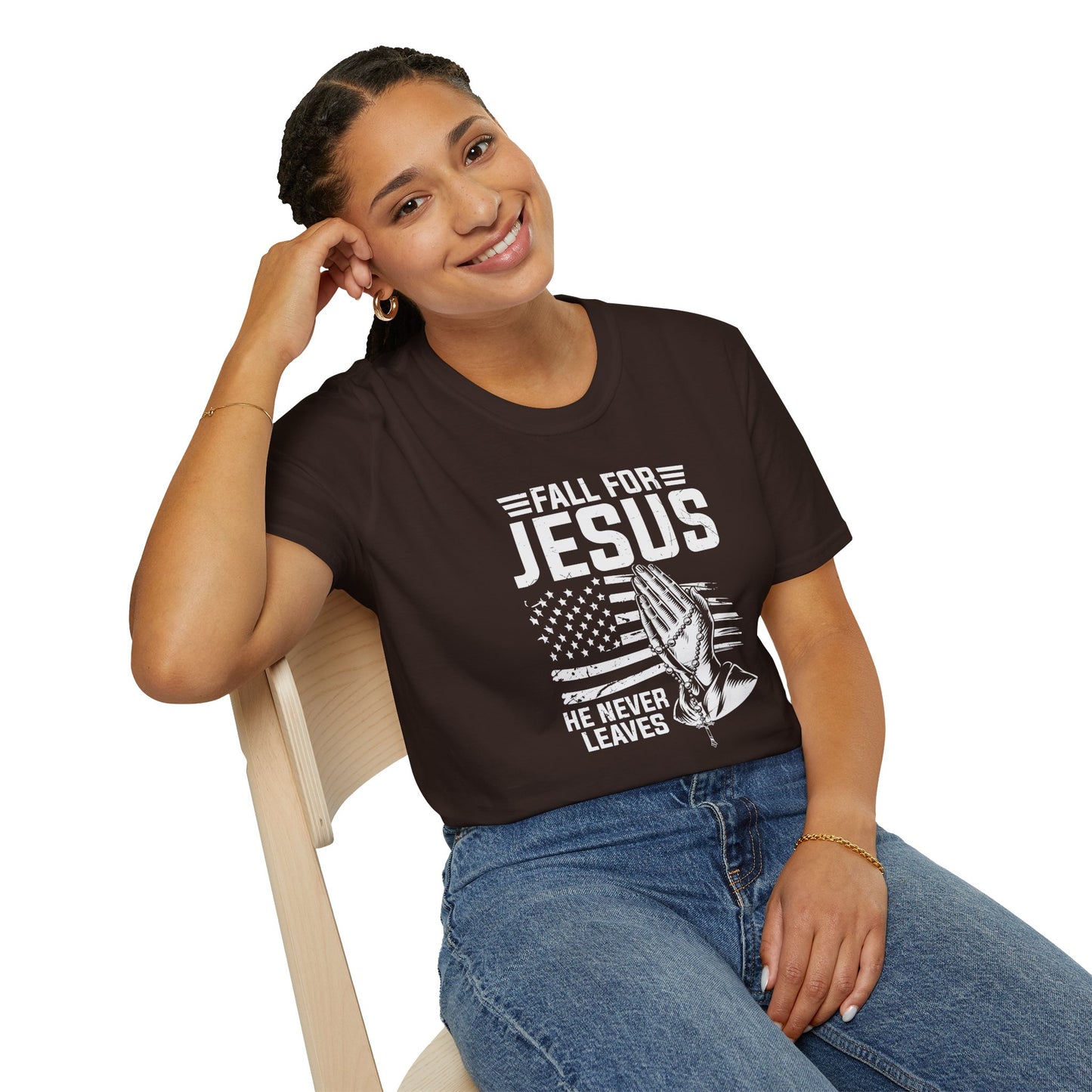 Fall For Jesus He Never Leaves American Patriotic Christian Unisex T-shirt