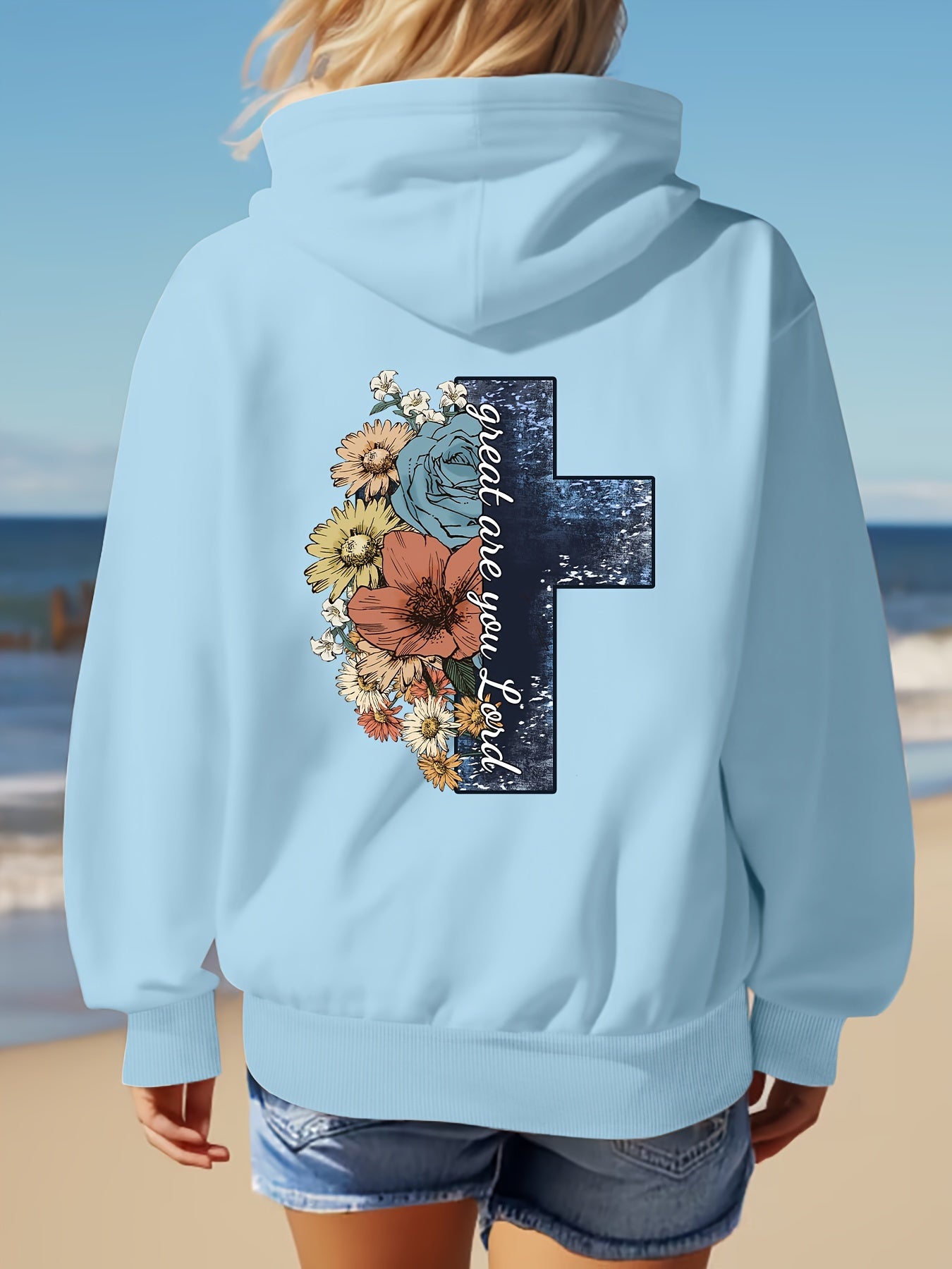 Great Are You Lord (Floral Cross) Women's Christian Pullover Hooded Sweatshirt claimedbygoddesigns