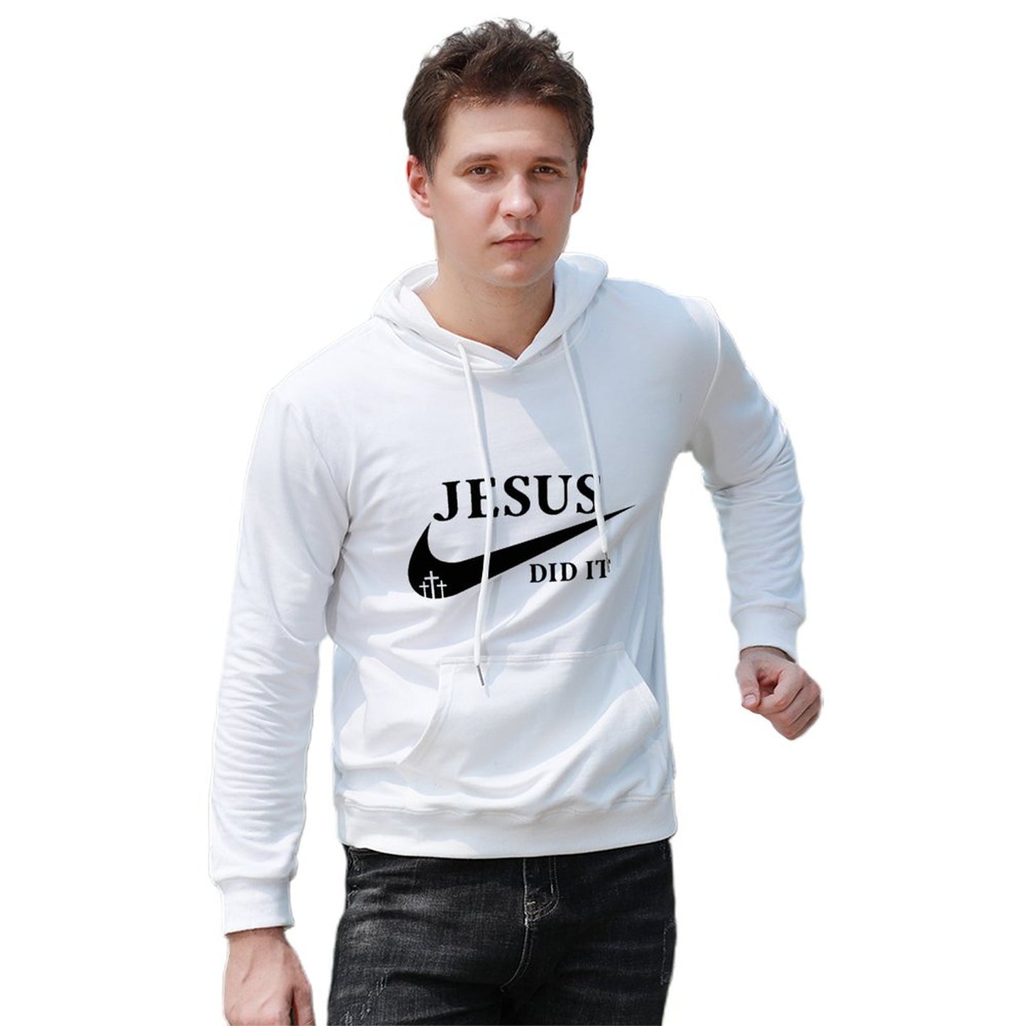 Jesus Did It (like Nike) Men's Christian Pullover Hooded Sweatshirt