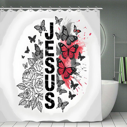 Butterfly Flowered Jesus Christian Waterproof Shower Curtain
