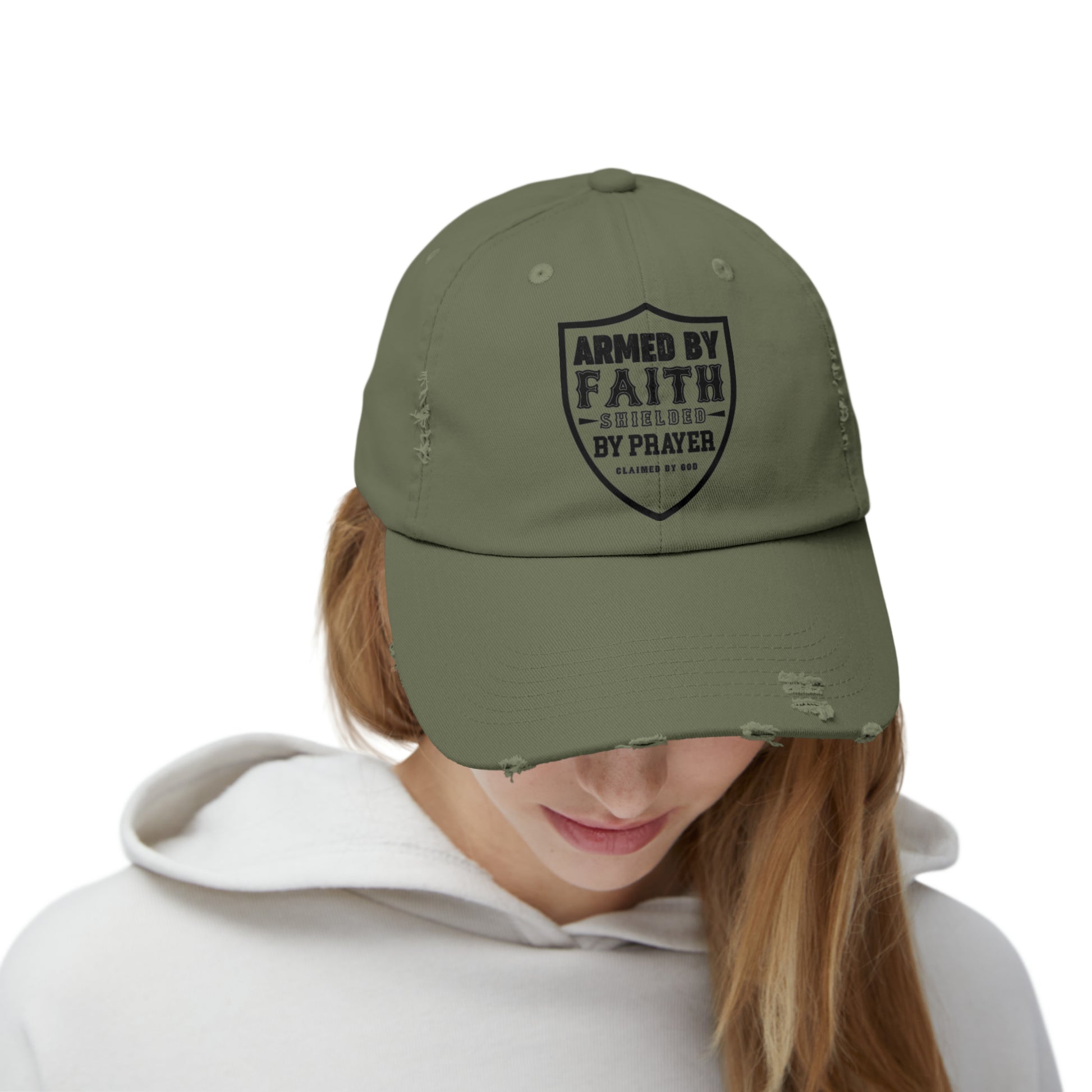 Armed By Faith Shielded By Prayer Unisex Christian Distressed Hat Printify