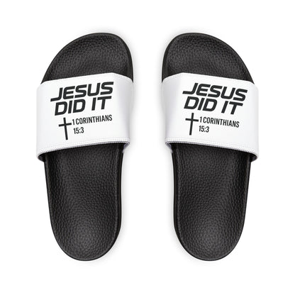 He Did It Women's Christian Slide Sandals — Christian Scripture 1 Corinthians 15:3 Pool Slides
