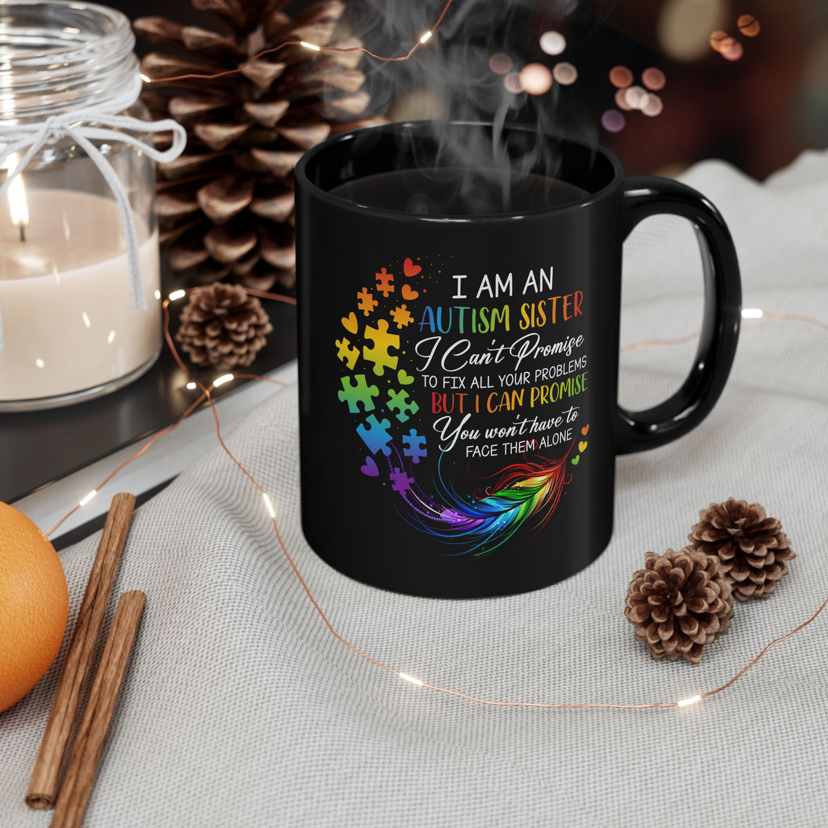 Autism sister black coffee mug, support and understanding