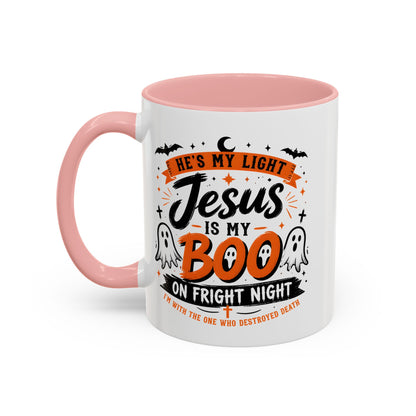 Christian Coffee Mug — "He's My Light, Jesus Is My Boo" Halloween Accent Mug