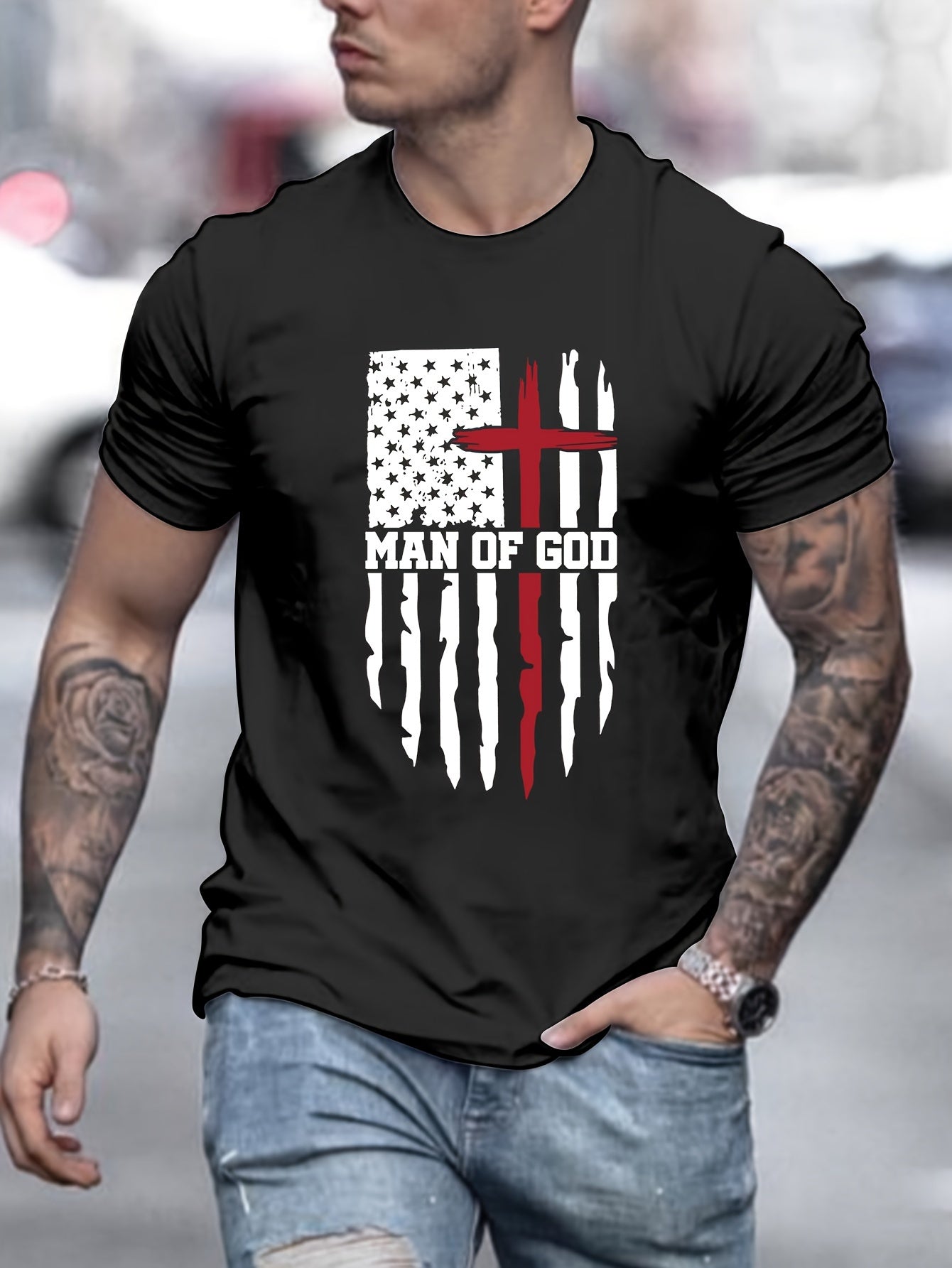 Man Of God Patriotic American Flag Men's Christian T-shirt claimedbygoddesigns