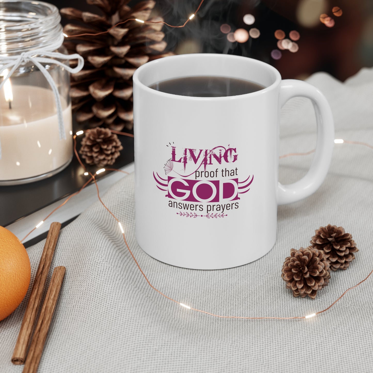 Living Proof That God Answers Prayers Christian White Ceramic Mug 11oz (double sided print) Printify