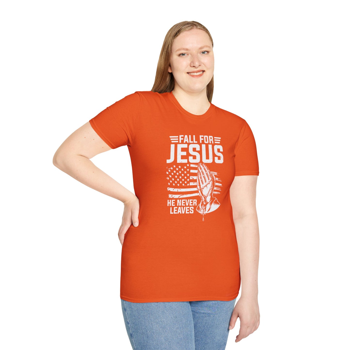 Fall For Jesus He Never Leaves American Patriotic Christian Unisex T-shirt