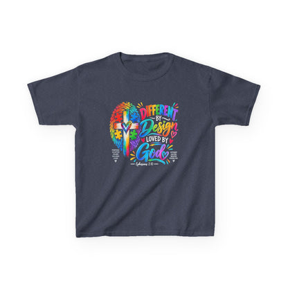 Youth Autism Awareness T-Shirt — "Different by Design, Loved by God" Colorful Cross Tee