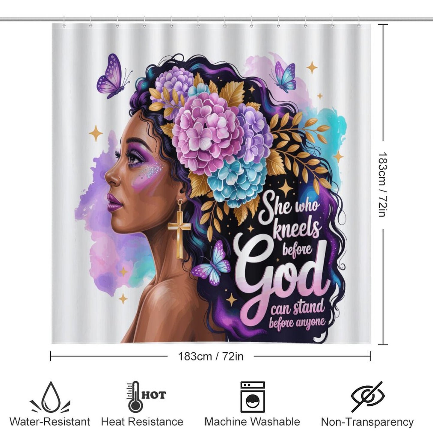 She Who Kneels (Floral Queen) Christian Shower Curtain Set with a shower curtain, a bath rug, a contour rug and a toilet lid cover. - ClaimedbyGodDesigns